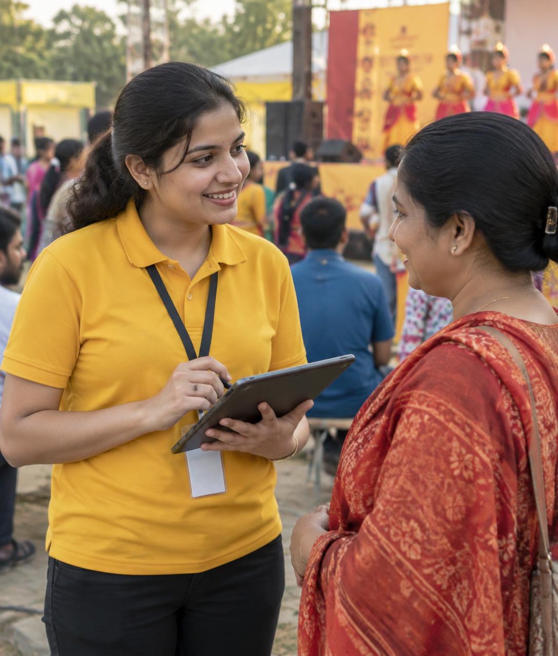 Illustrative scene of a field team member speaking with an attendee while using a tablet