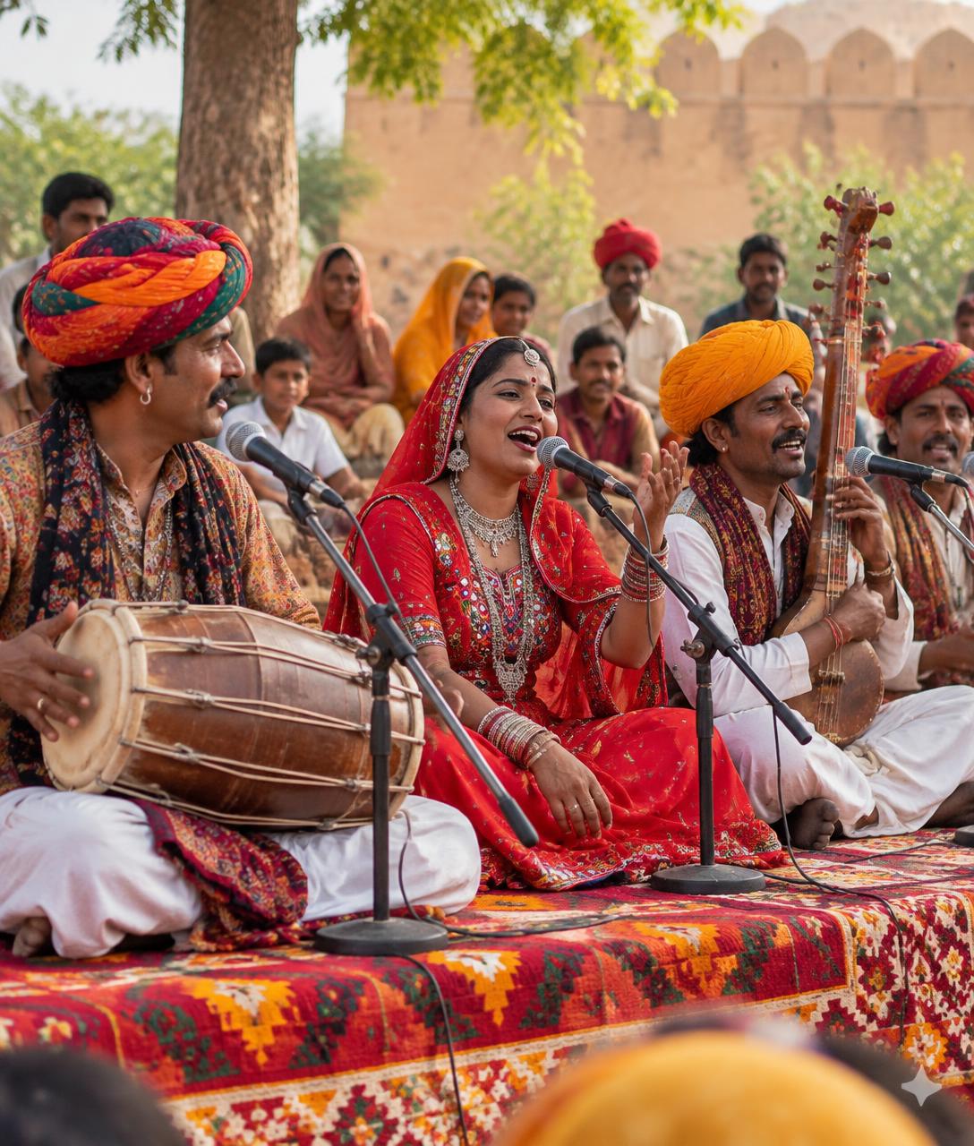 Illustrative scene of seated folk singers performing with traditional instruments